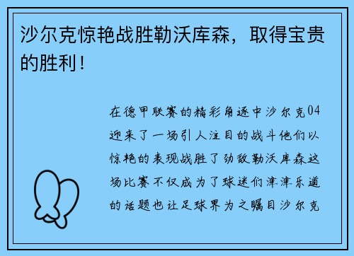 沙尔克惊艳战胜勒沃库森，取得宝贵的胜利！